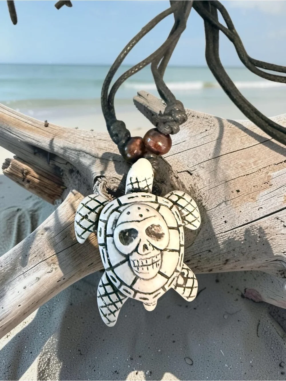 Handmade Turtle Pendant Necklace in Black Cord - Beach Boho Jewelry